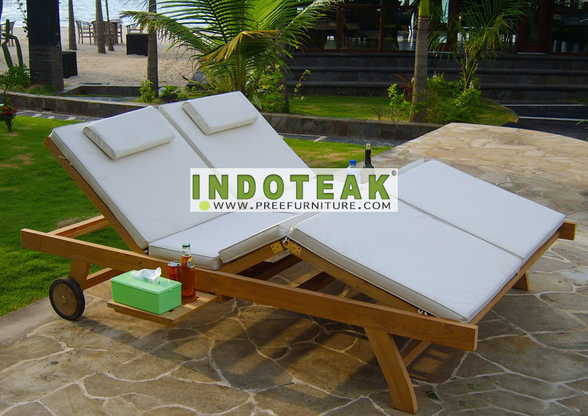 Teak outdoor double chaise lounges and cushion - Patio Reclining Sun Lounger At Factory Price - Teak Garden Furniture Supplier