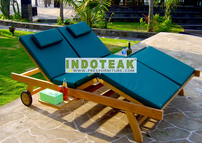 Teak outdoor double chaise lounges and cushion - Patio Reclining Sun Lounger At Factory Price - Teak Garden Furniture Supplier