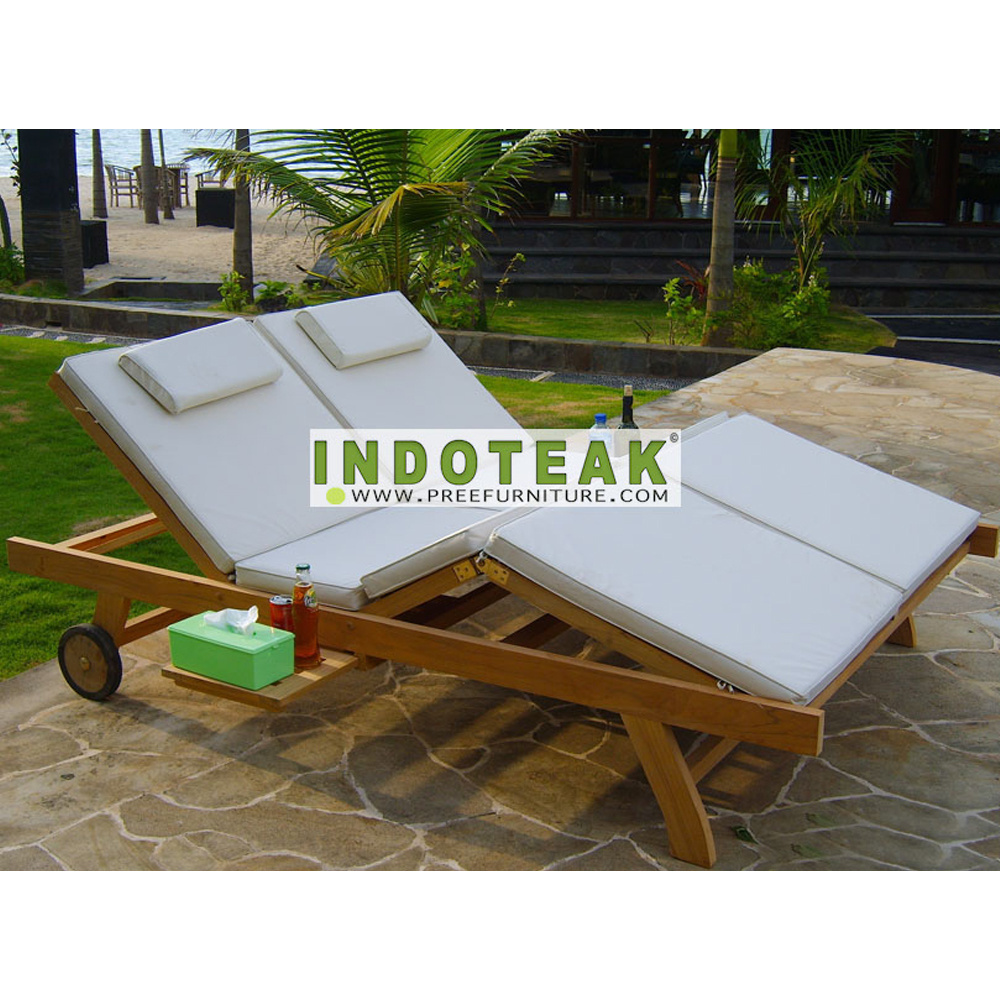 Teak outdoor double chaise lounges and cushion - Patio Reclining Sun Lounger At Factory Price - Teak Garden Furniture Supplier