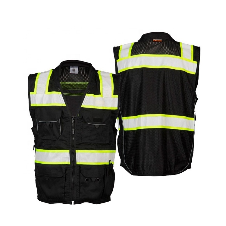 New Design Personal Protective Vest 100% Polyester Black Lighted Safety Vest with Pockets Hi Vis Safety Reflective Vest