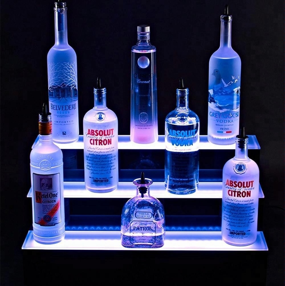 Customized 3 Step LED Acrylic Bottle Shelf  Stand Display 3Tier Led Bar Liquor Display Shelves 16