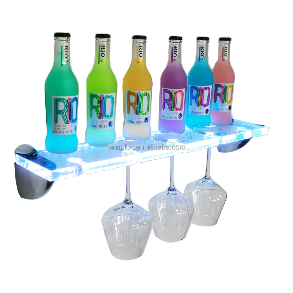 Customized LED Lighted Liquor Bottle Transparent Display Shelf with Long Stem Glasses Holder for Kitchen Dining Room Bar