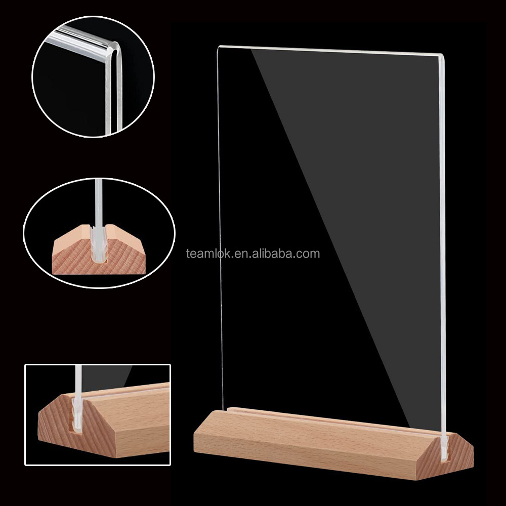 Acrylic Sign Holder 5 x 7 Inch Clear Sign Holder with Wooden Base Double-Side Table Menu ad Frame T-Shaped Acrylic Display Stand