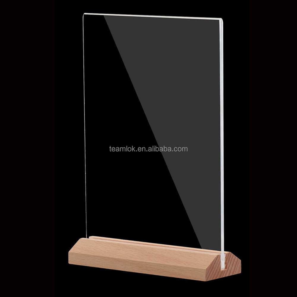 Acrylic Sign Holder 5 x 7 Inch Clear Sign Holder with Wooden Base Double-Side Table Menu ad Frame T-Shaped Acrylic Display Stand