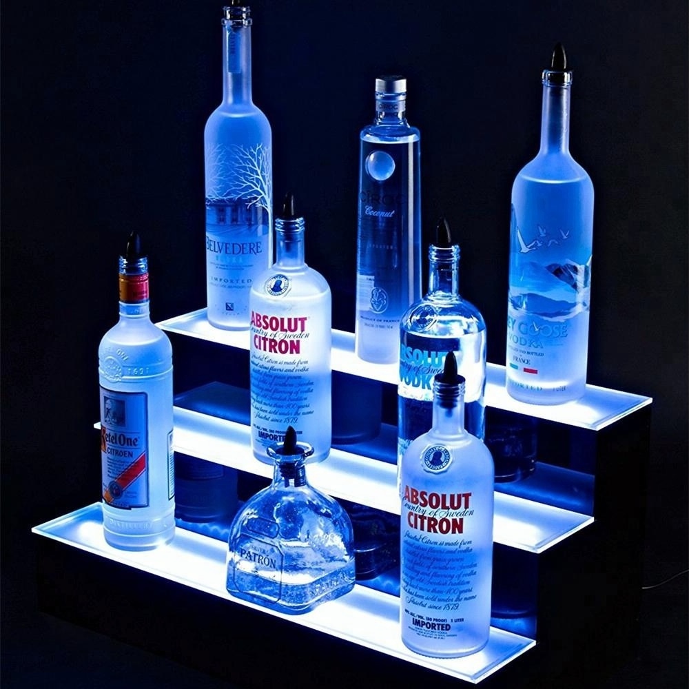 Customized 3 Step LED Acrylic Bottle Shelf  Stand Display 3Tier Led Bar Liquor Display Shelves 16