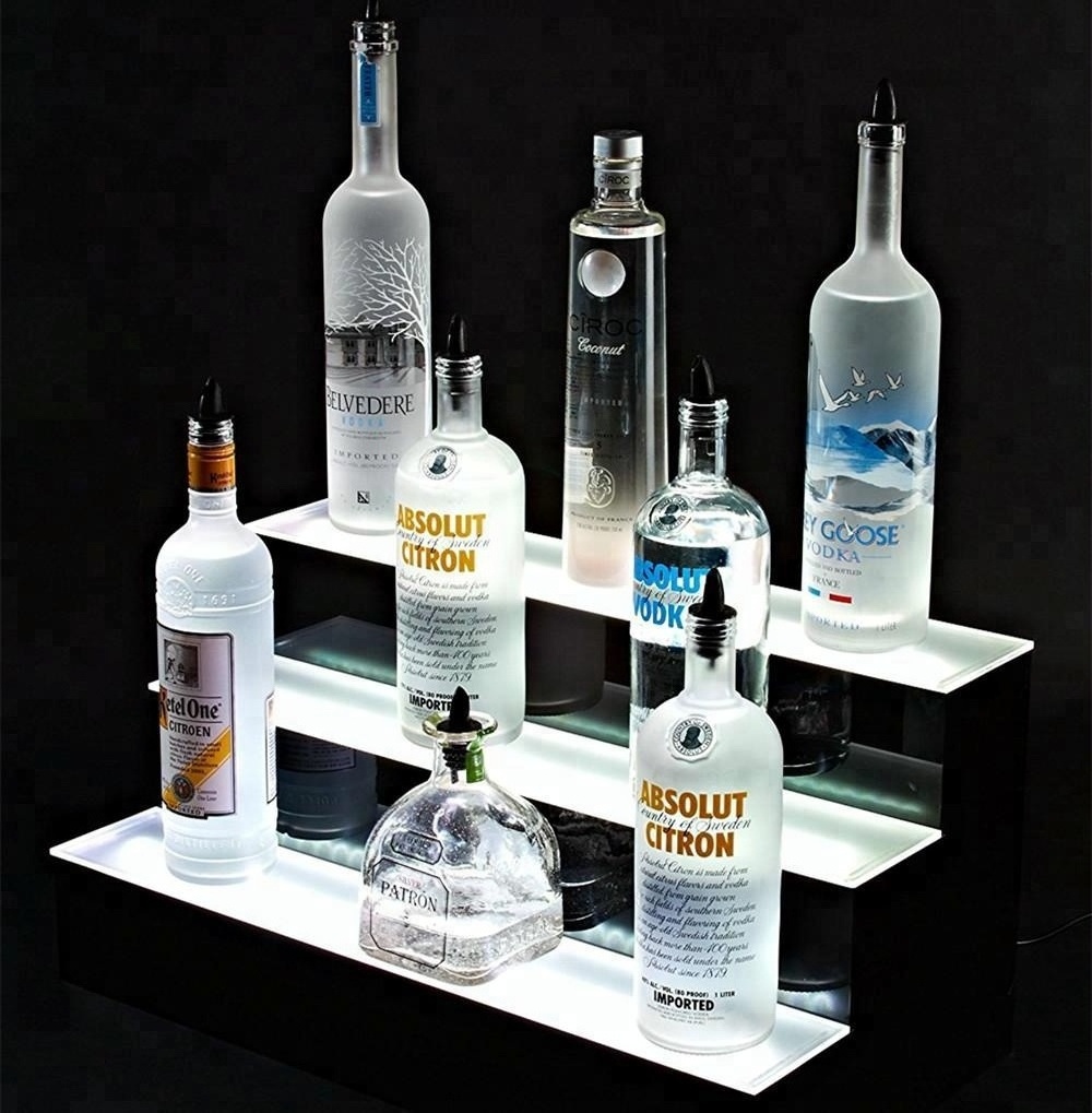 Customized 3 Step LED Acrylic Bottle Shelf  Stand Display 3Tier Led Bar Liquor Display Shelves 16