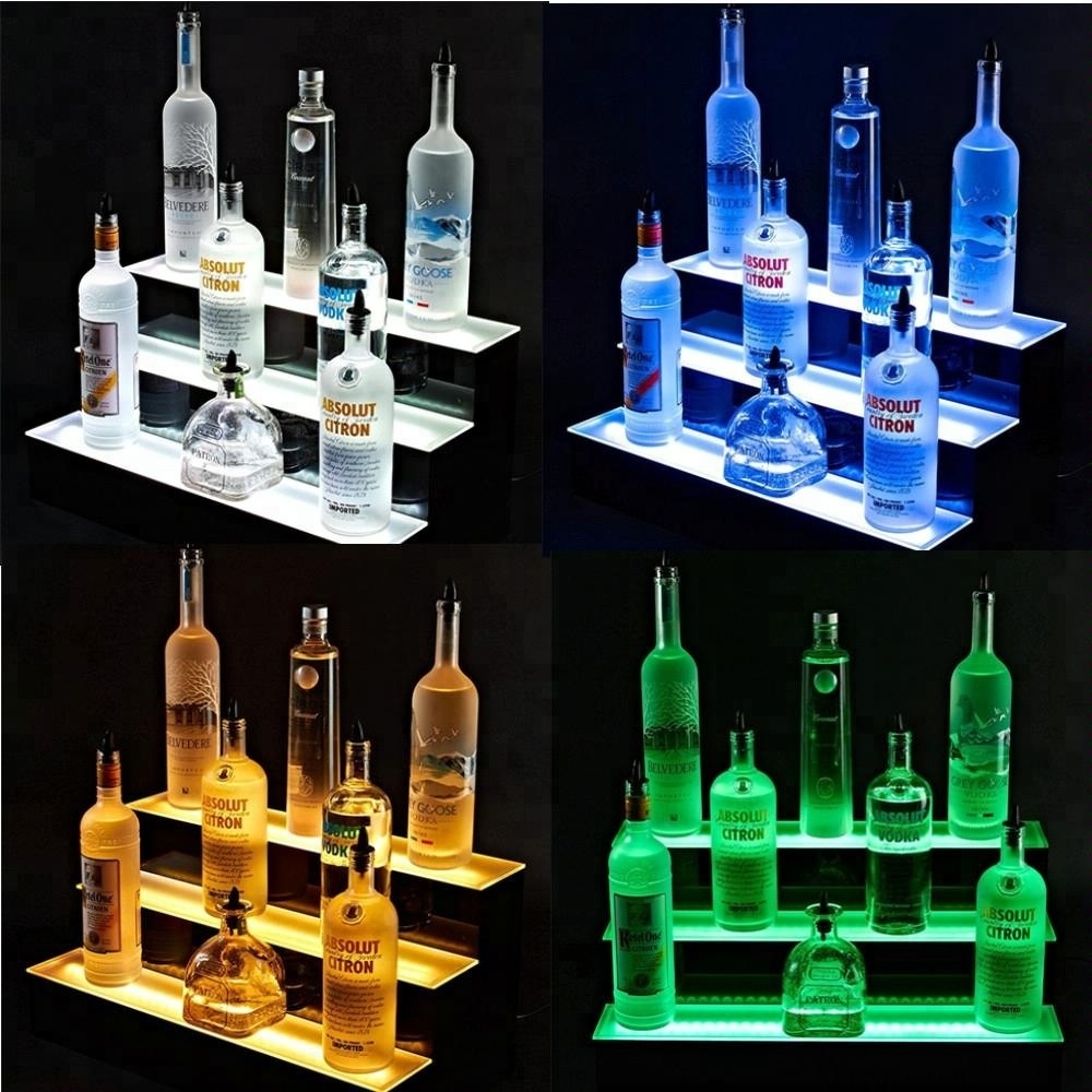 Customized 3 Step LED Acrylic Bottle Shelf  Stand Display 3Tier Led Bar Liquor Display Shelves 16