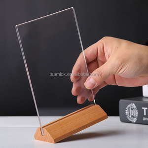 Acrylic Sign Holder 5 x 7 Inch Clear Sign Holder with Wooden Base Double-Side Table Menu ad Frame T-Shaped Acrylic Display Stand