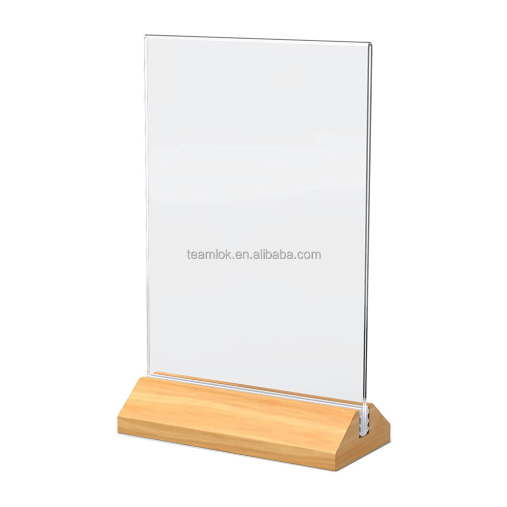 Acrylic Sign Holder 5 x 7 Inch Clear Sign Holder with Wooden Base Double-Side Table Menu ad Frame T-Shaped Acrylic Display Stand