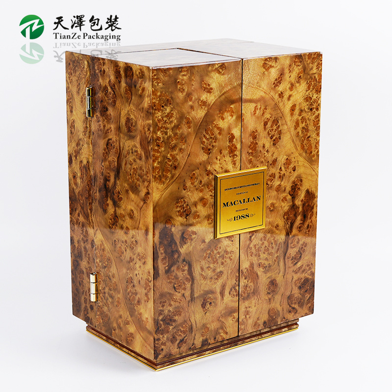 Custom Luxury Whisky Box Wine Bottle Collection Display Piano Lacquer Double Door Wooden Wine Gift Box For Perfume Gift Packing