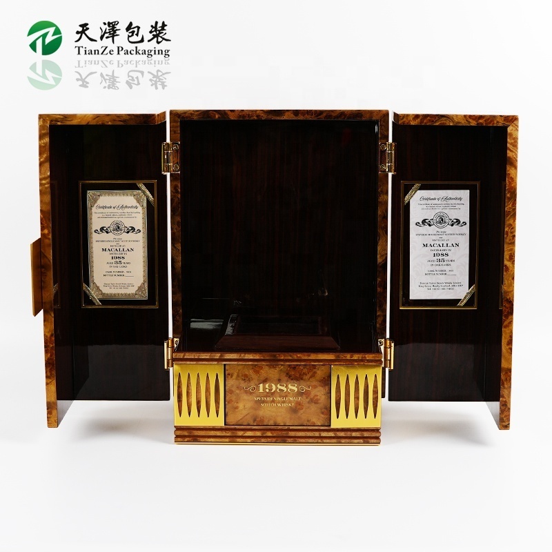 Custom Luxury Whisky Box Wine Bottle Collection Display Piano Lacquer Double Door Wooden Wine Gift Box For Perfume Gift Packing