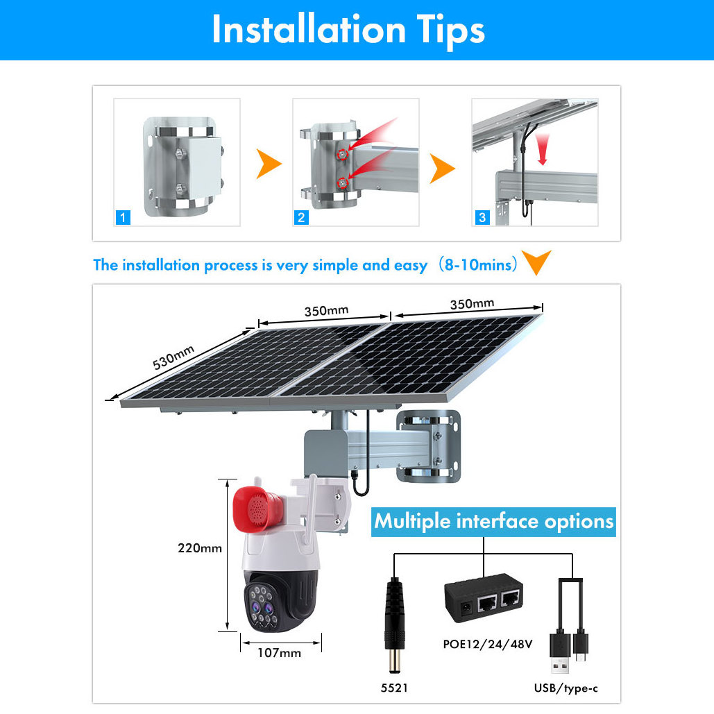 TecDeft Solar panel 60W 60Ah PTZ Cameras With Sim Card 4G 8MP 4K Outdoor Wireless Solar Camera For Farm Security Monitoring