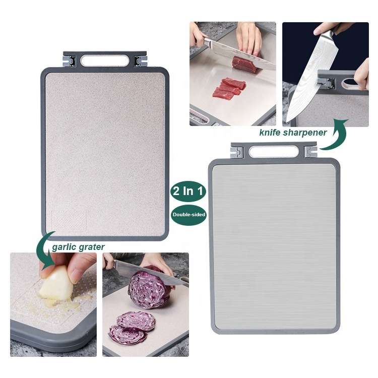 Anti-slip Heavy Duty Multifunction Chopping Board Double Sided Wheat Straw and Stainless Steel Cutting Board with Sharpener