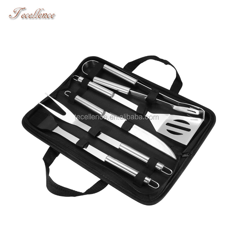 TECELLENCE 5 Piece BBQ Knife Set Stainless Steel BBQ Grill Tool Kit with Spatula, Tongs, Forks and Brush