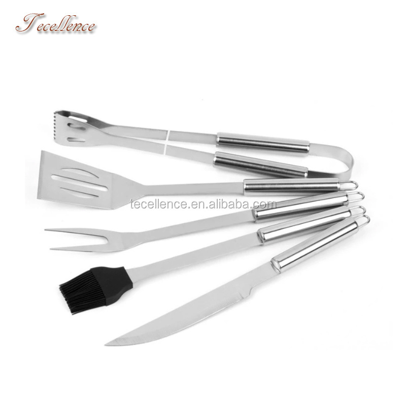 TECELLENCE 5 Piece BBQ Knife Set Stainless Steel BBQ Grill Tool Kit with Spatula, Tongs, Forks and Brush