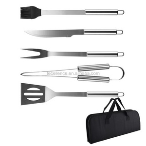 TECELLENCE 5 Piece BBQ Knife Set Stainless Steel BBQ Grill Tool Kit with Spatula, Tongs, Forks and Brush