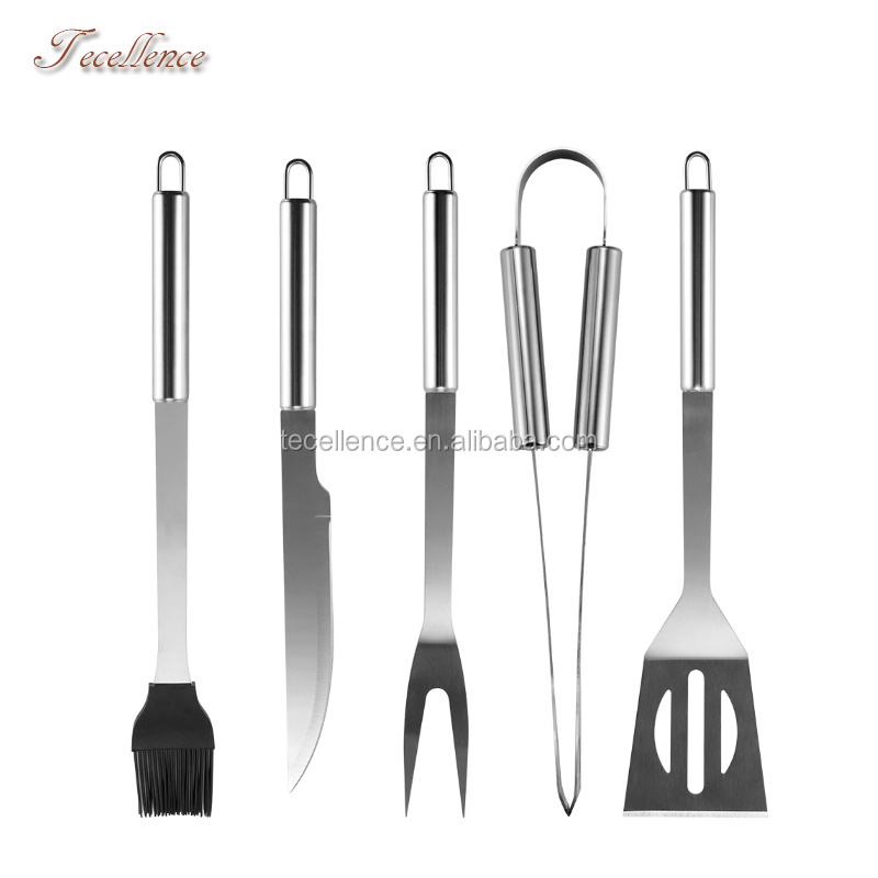 TECELLENCE 5 Piece BBQ Knife Set Stainless Steel BBQ Grill Tool Kit with Spatula, Tongs, Forks and Brush