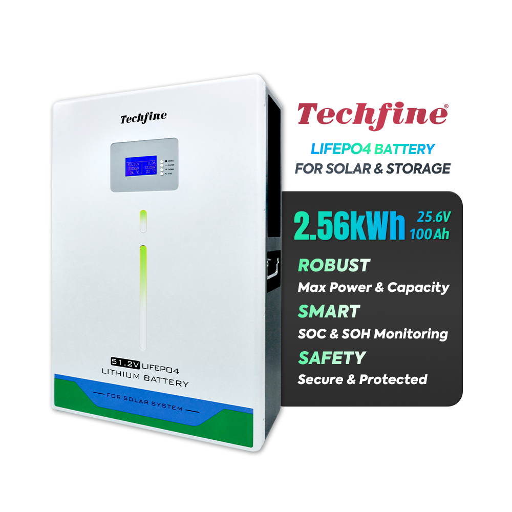 Techfine wall mount lithium iron phosphate 24v 100ah lfp deep cycle lifepo4 battery 24 volt solar energy storage battery pack