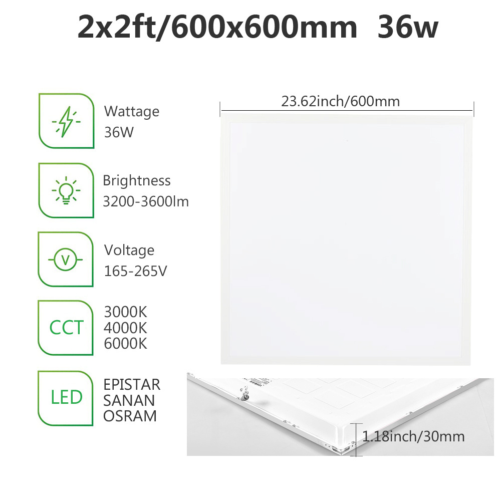 CE Square 36w 3600lm 6000K Daylight Drop Recessed Back-Lit 2x2FT White LED Flat Ceiling Panel Light