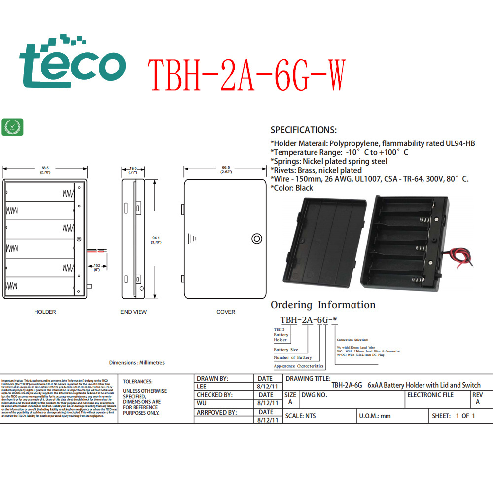 6AA battery holder AA battery storage box black box with on/off switch and wires