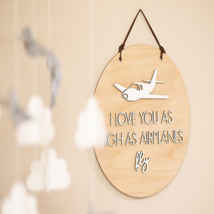 Nursery decor natural wood I Love You as High as Airplanes Fly wall hanging