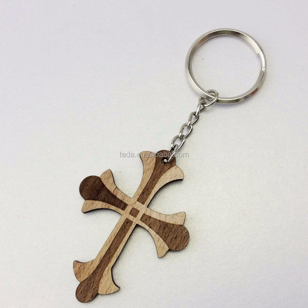 Laser Cut Wood Cross Keychain made of real nature wood