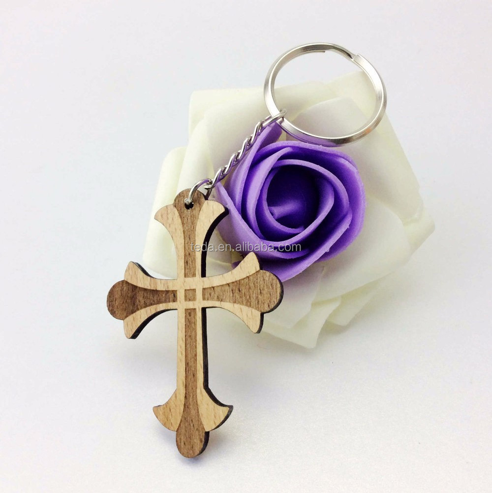 Laser Cut Wood Cross Keychain made of real nature wood