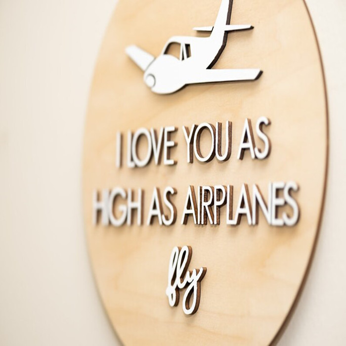 Nursery decor natural wood I Love You as High as Airplanes Fly wall hanging