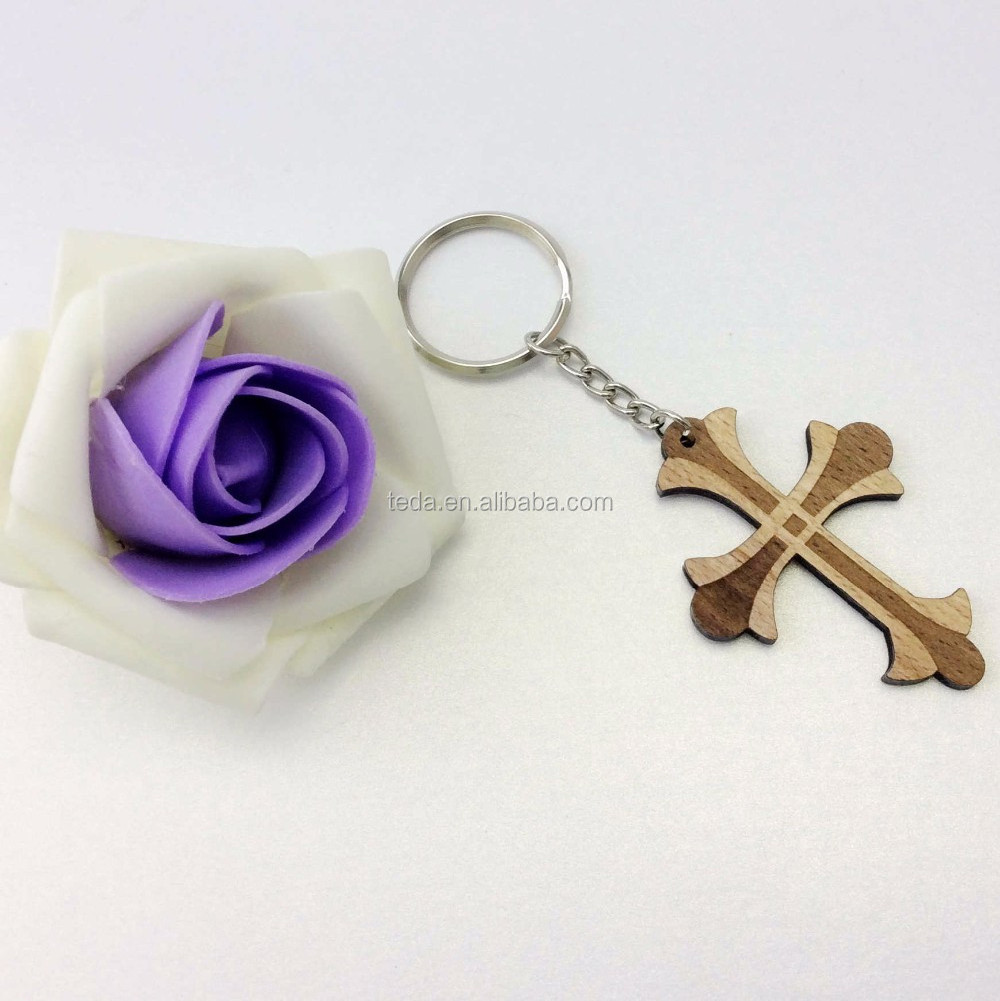 Laser Cut Wood Cross Keychain made of real nature wood