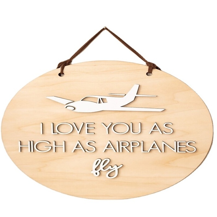 Nursery decor natural wood I Love You as High as Airplanes Fly wall hanging