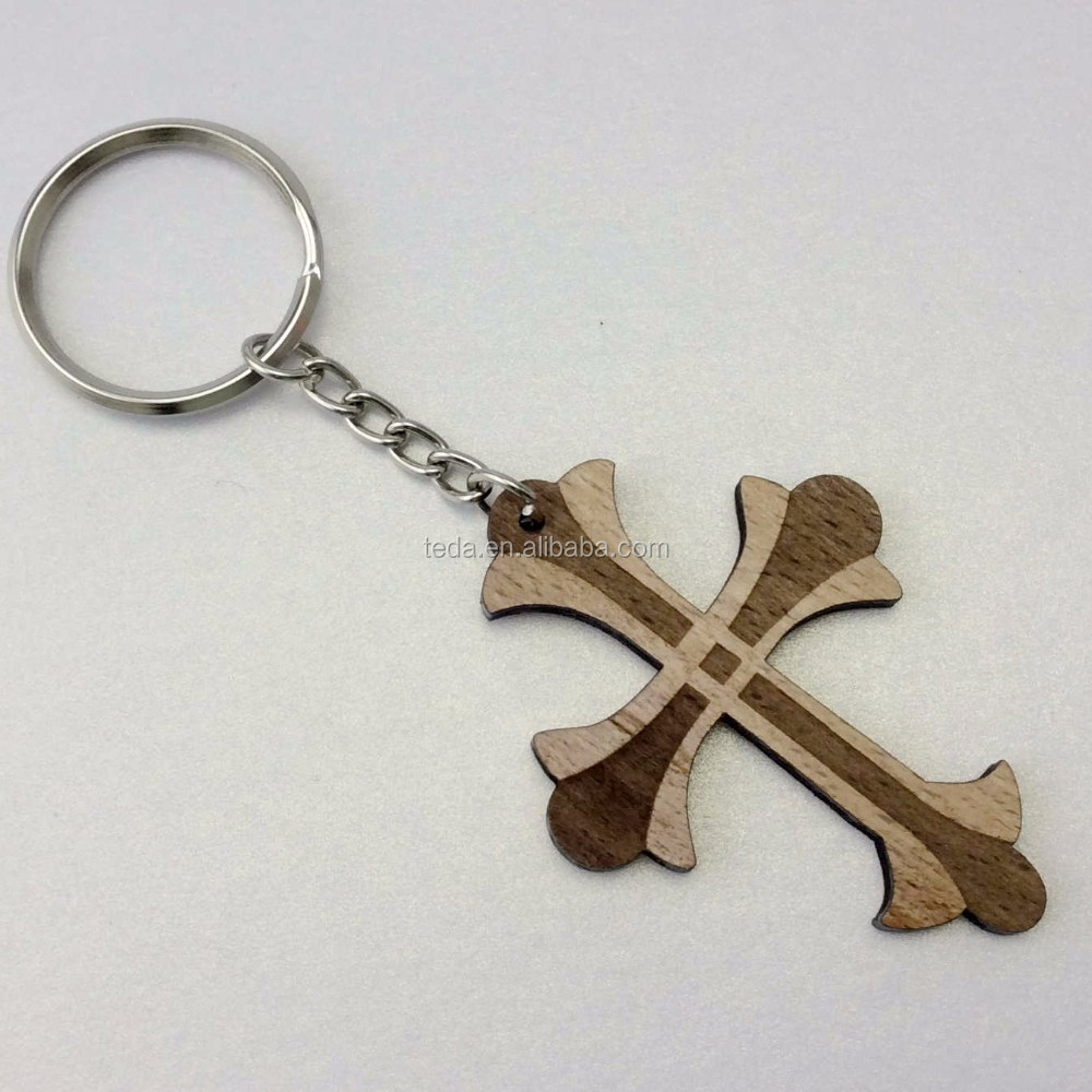 Laser Cut Wood Cross Keychain made of real nature wood