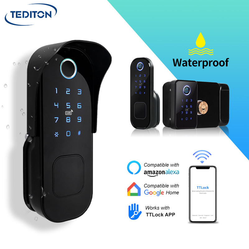 Tediton Biometric Fingerprint Passcode RFID Door Handle Lock Waterproof Double Side dual fingerprint digital door lock for grill