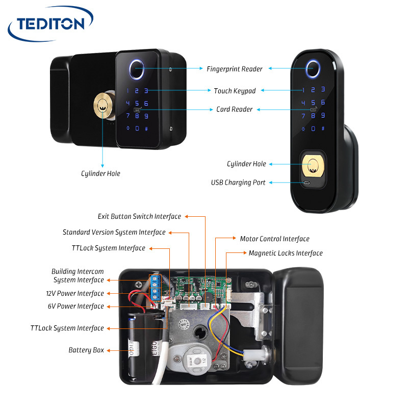 Tediton Biometric Fingerprint Passcode RFID Door Handle Lock Waterproof Double Side dual fingerprint digital door lock for grill