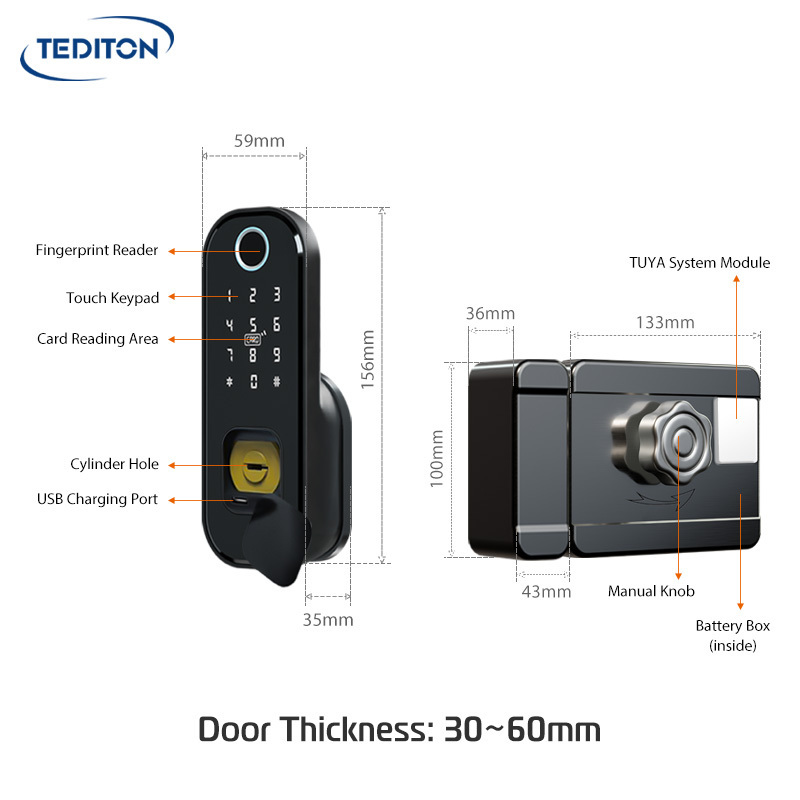 Tediton IP65 Waterproof Intelligent Electronic Digital Fingerprint Security Gate Wifi Tuya Electric Rim Lock