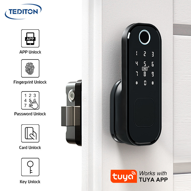 Tediton IP65 Waterproof Intelligent Electronic Digital Fingerprint Security Gate Wifi Tuya Electric Rim Lock