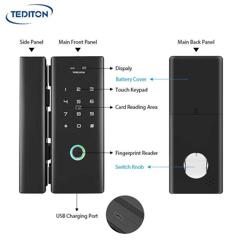 Tediton Intelligent ttlock App Rfid Pin Electronic Smart biometric fingerprint glass door lock for office