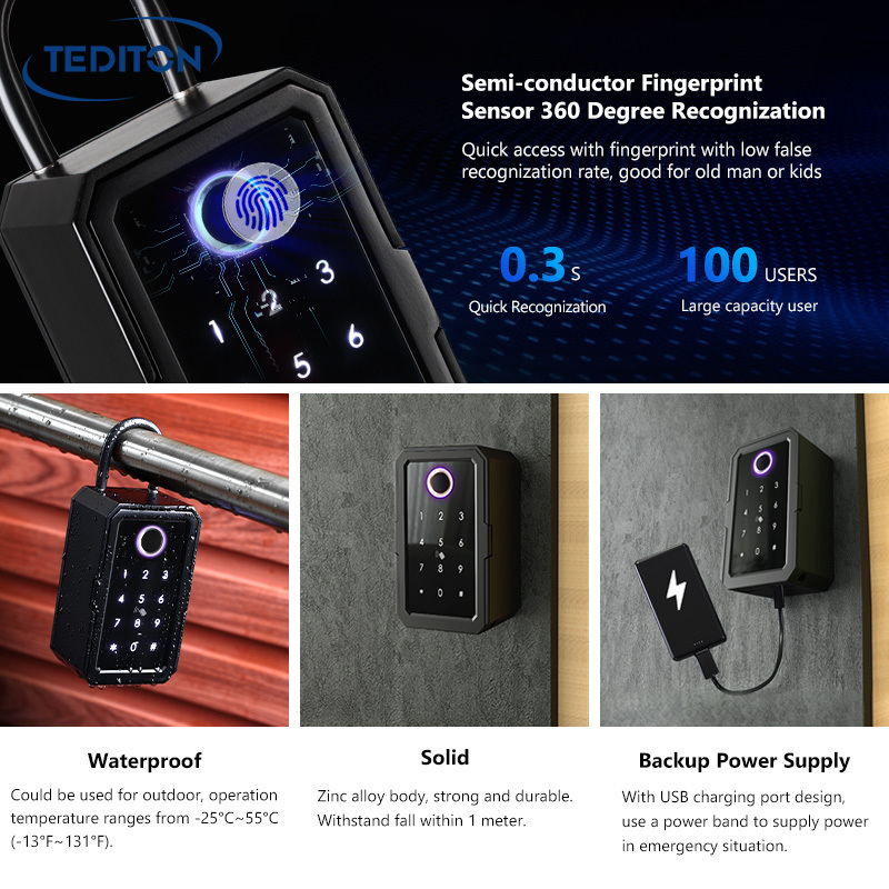 Tediton Tuya App Waterproof Outdoor Wall Mounted Strong Fingerprint Code Smart Key Lock Box