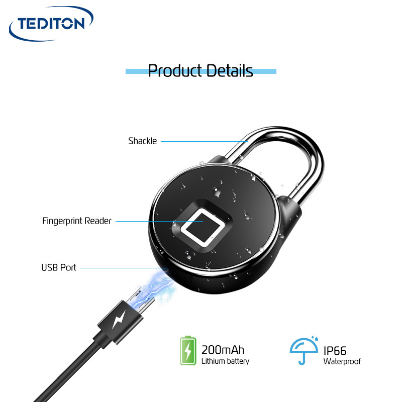 Tediton 2024 Intelligent Waterproof Outdoor Tuya Smart USB Charging Keyless Smart Fingerprint Padlock