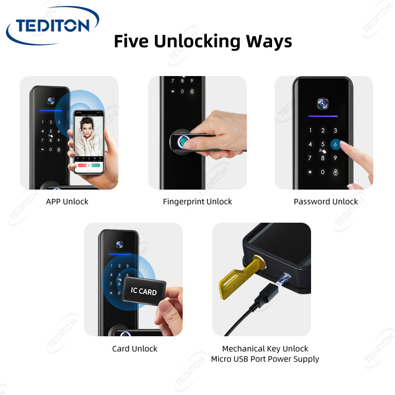 Tediton Real-Time Video Call Tuya App Peephole Door Lock Fingerprint Smart Camera Door Lock with Camera