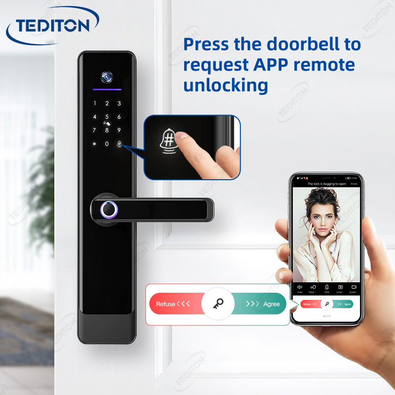 Tediton Real-Time Video Call Tuya App Peephole Door Lock Fingerprint Smart Camera Door Lock with Camera