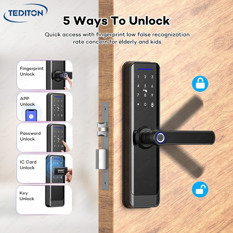 Tediton Tuya Digital Keypad Door Lock Biometric Fingerprint Intelligent Digital Push Pull Smart Door Lock