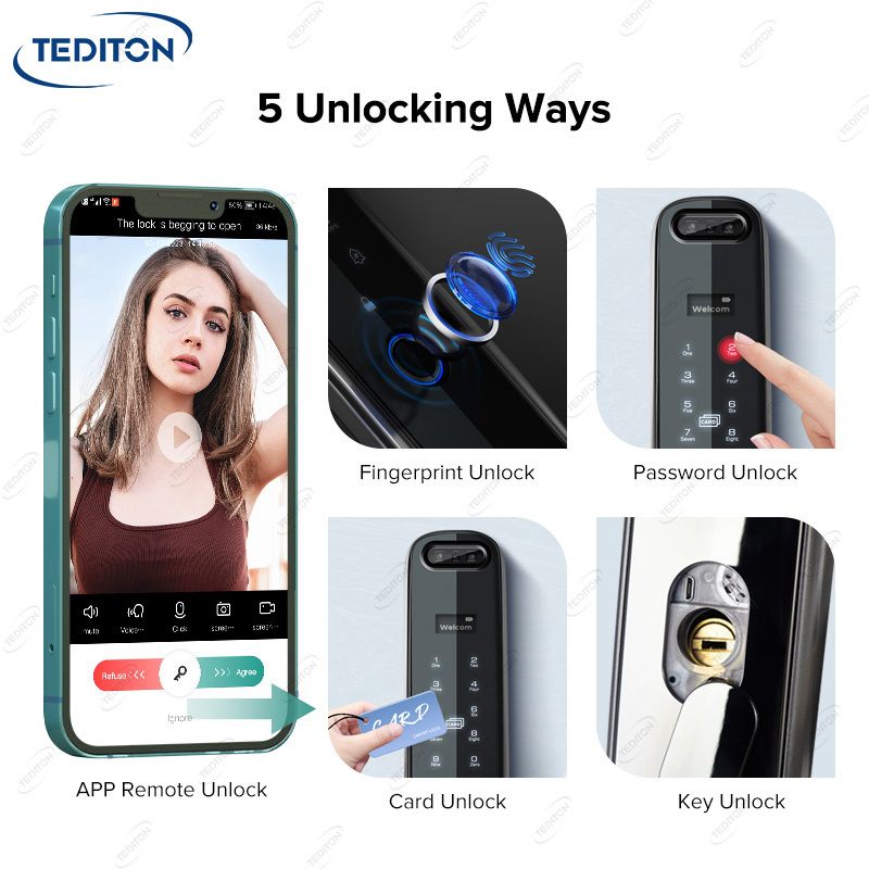 Tediton Security Outdoor Wifi Remote Biometric Fingerprint App Smart 3D Face id Recognition door Lock with Camera intercom