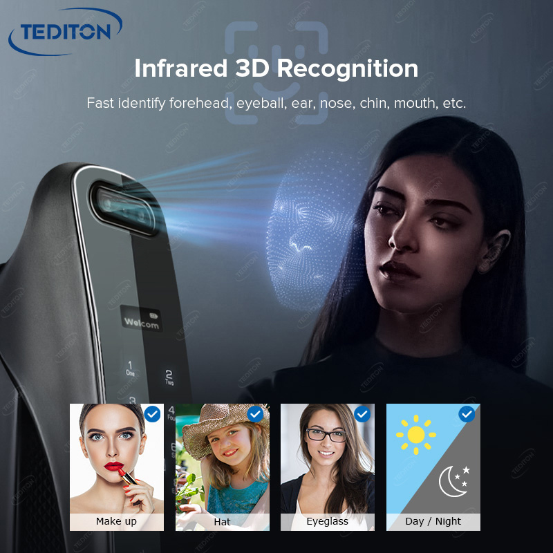 Tediton Security Outdoor Wifi Remote Biometric Fingerprint App Smart 3D Face id Recognition door Lock with Camera intercom