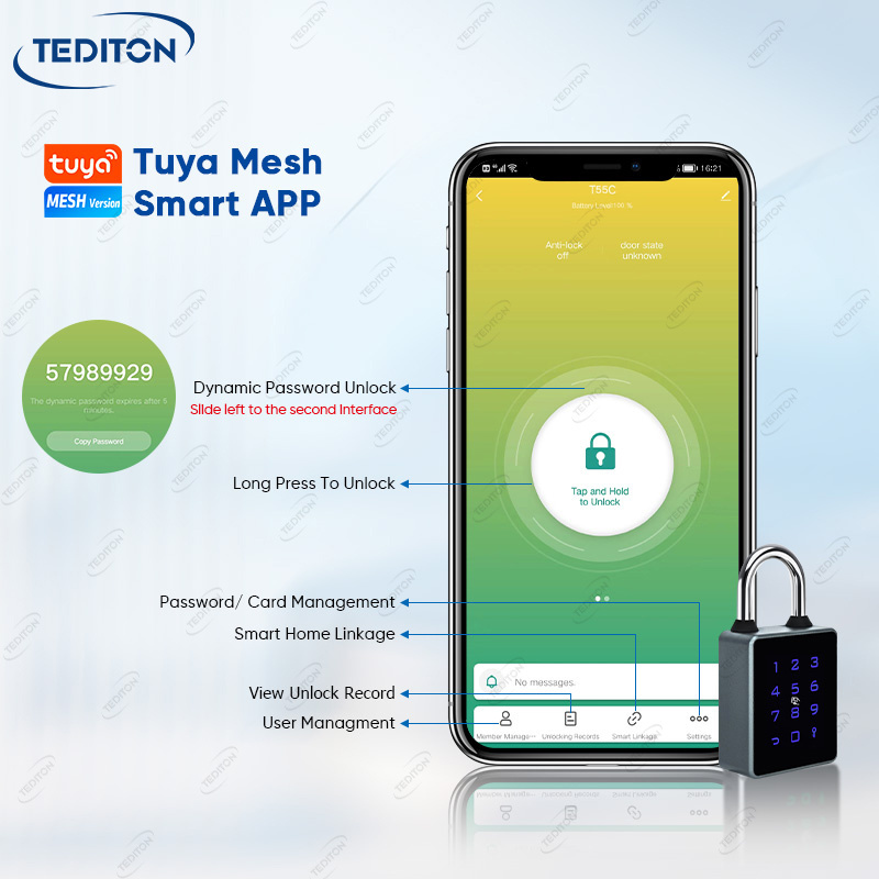 Tediton Waterproof Security Keyless Pin Code Card Key Combination Portable Smart App Padlock