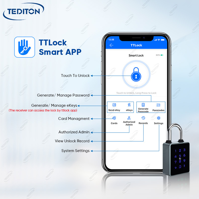 Tediton IP65 Security Intelligent Digital Smart TTlock APP Electronic Smart Padlock with Key