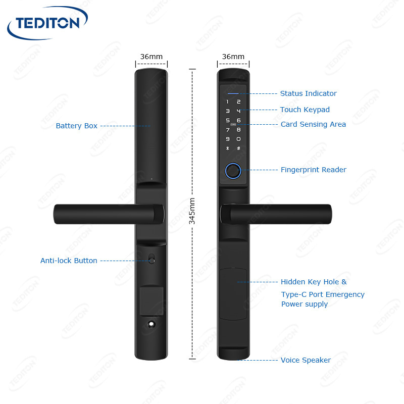 Tediton New Product Ttlock Tuya Biometric Fingerprint smart lock zigbee aluminium door use narrow type mortise door lock