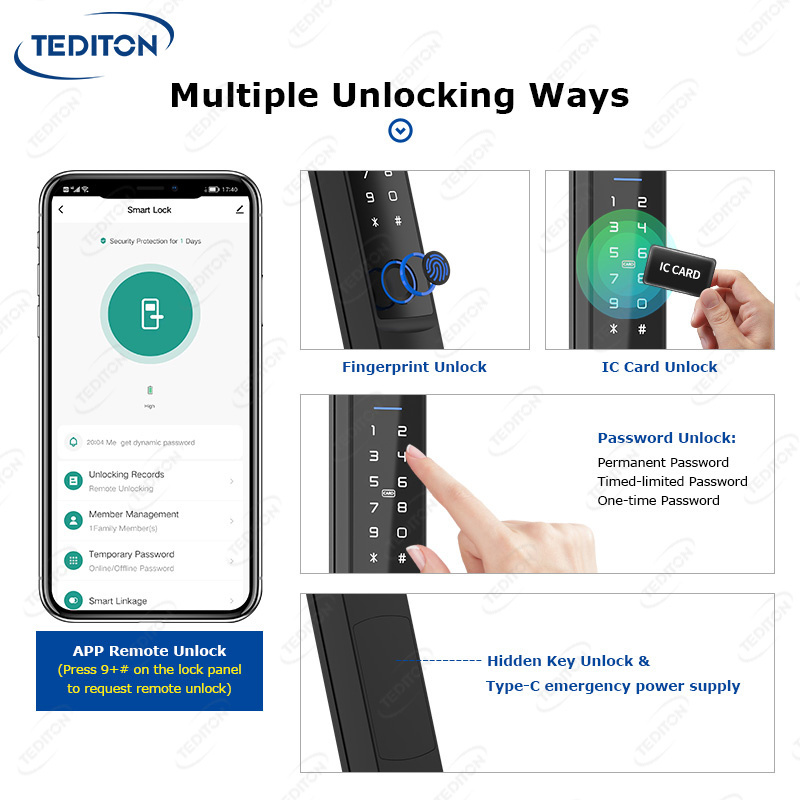 Tediton Keyless TTlock Electronic Intelligent Door Handle Lock Smart Fingerprint Sliding Door Lock