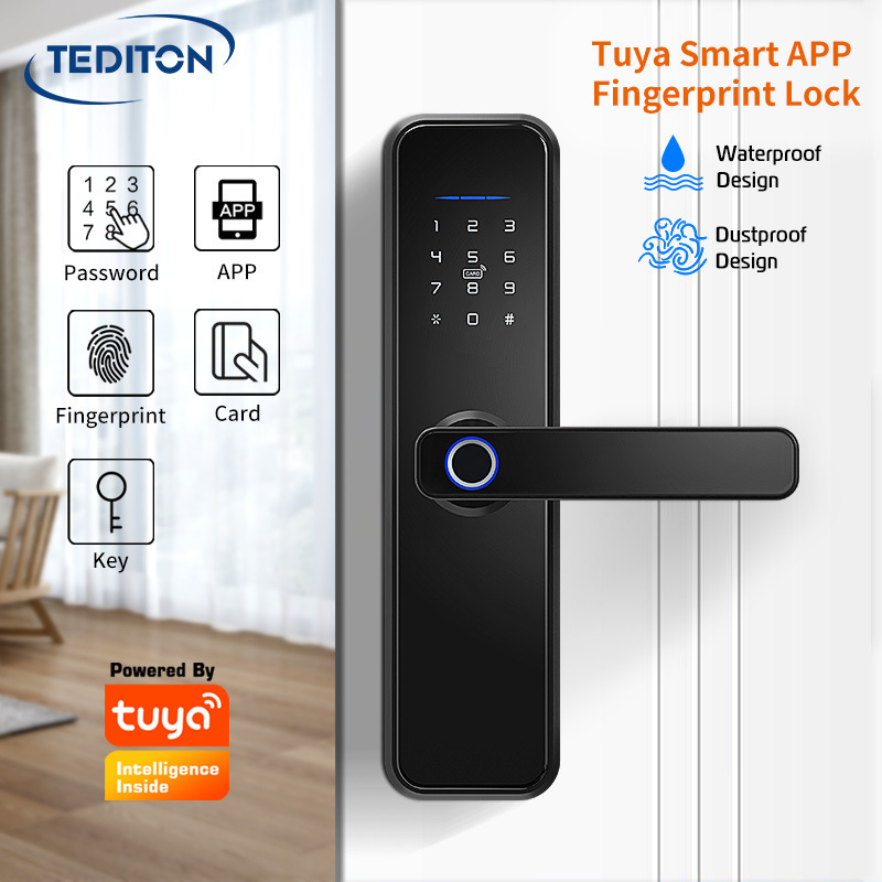 Tediton Waterproof Digital Biometric Fingerprint Handle Door Lock Tuya APP Smart Door Lock