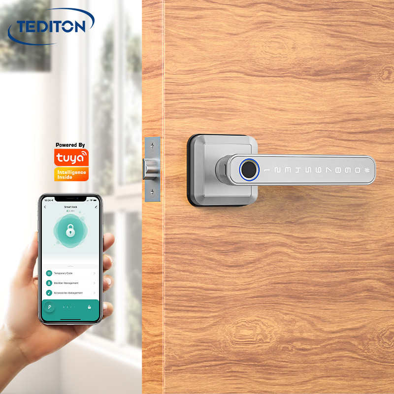 Tediton Tuya App Biometric Keyless Entry Door Handle Fingerprint Door Lock Smart Door Lock for Home Apartments Office Hotel