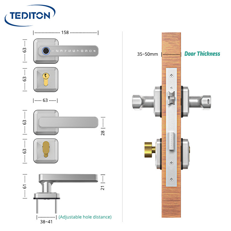 Tediton Tuya App Biometric Keyless Entry Door Handle Fingerprint Door Lock Smart Door Lock for Home Apartments Office Hotel